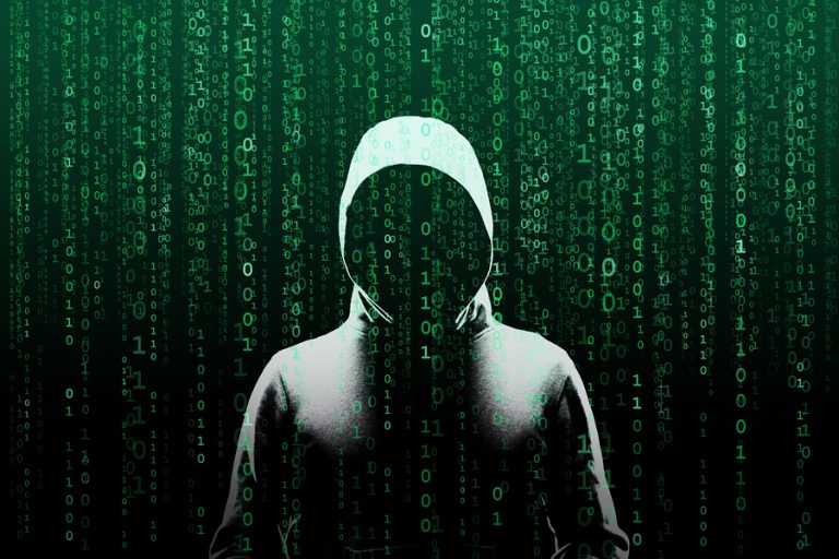 Anonymous Computer Hacker Over Abstract Digital Background. Obsc