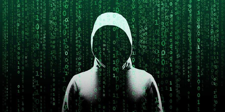 Anonymous Computer Hacker Over Abstract Digital Background. Obsc