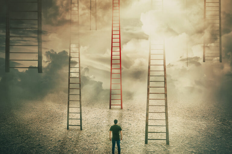 Man Standing In Front Of Huge Ladders Going Up To The Sky. Choos