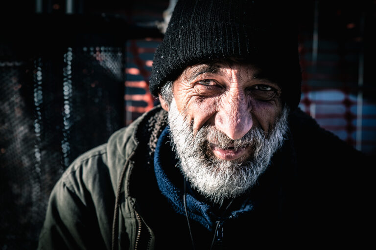 Smiling Homeless Man, Close Up Portrait Of Old Smiling Homeless