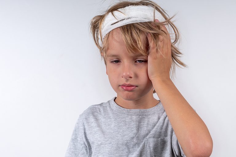 Portrait Young Caucasian Cute Boy Blond Hair With Trauma Injury