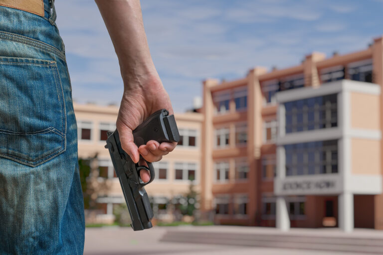 Gun Control Concept. Young Armed Man Holds Pistol In Hand In Pub